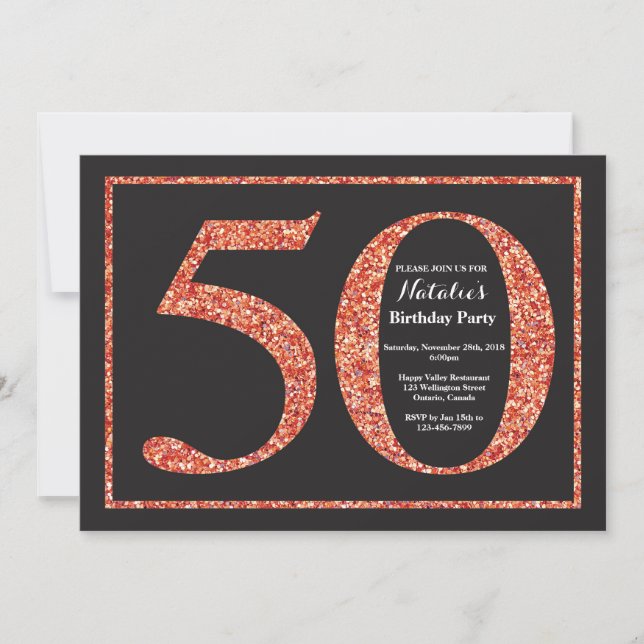 50th Birthday Invitation Orange Glitter Chalkboard (Front)