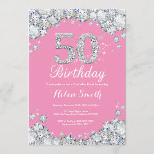 50th Birthday Invitation Pink and Silver Diamond