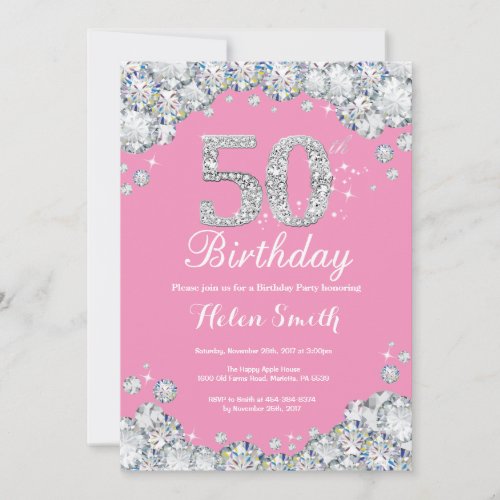 50th Birthday Invitation Pink and Silver Diamond