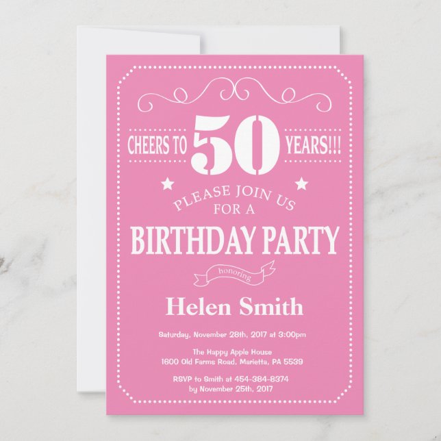 50th Birthday Invitation Pink and White (Front)