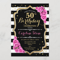 50th Birthday Invitation Pink Black White Stripes