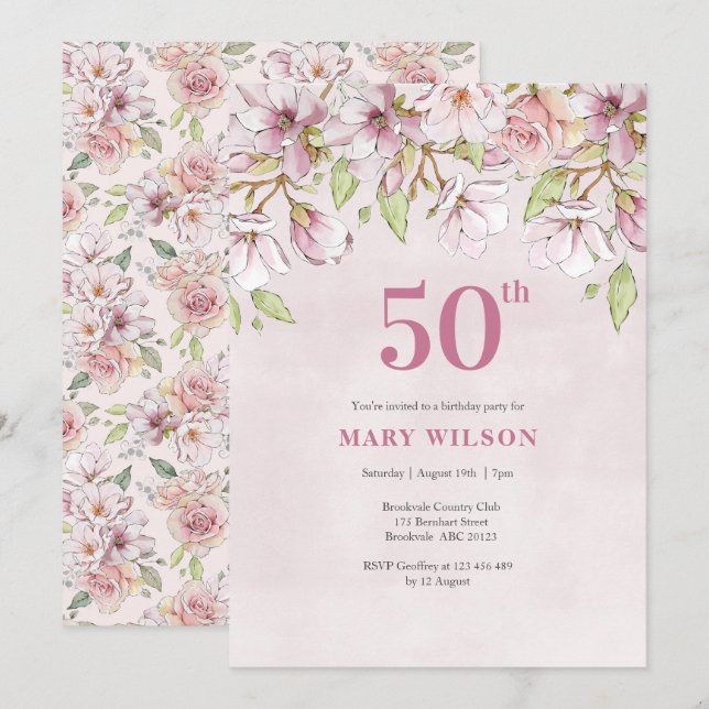 50th Birthday Invitation Pink Floral (Front/Back)