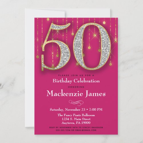50th Birthday Invitation Pink Gold Diamonds Adult