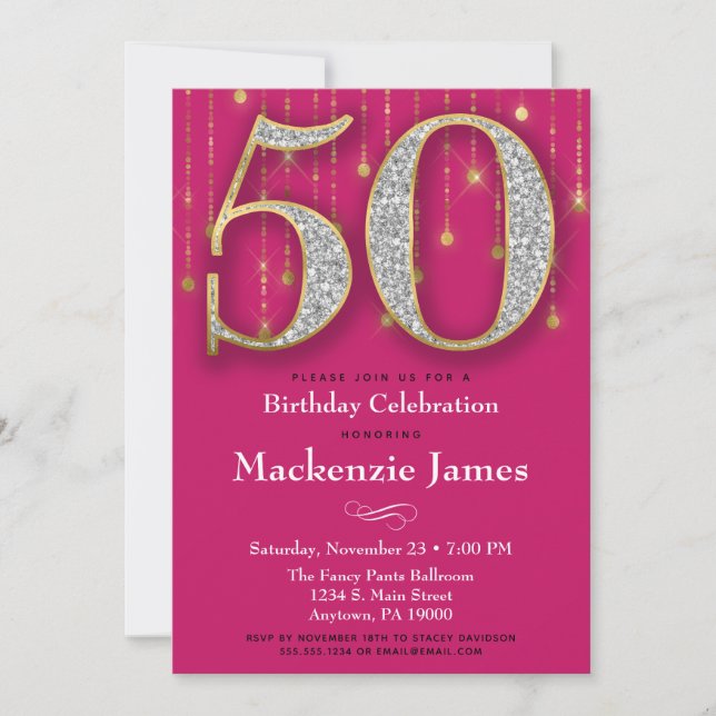 50th Birthday Invitation Pink Gold Diamonds Adult (Front)