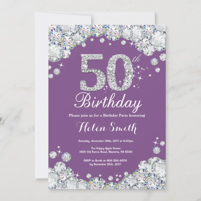 50th Birthday Invitation Purple and Silver Diamond (Front)