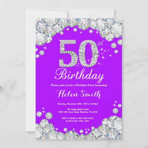 50th Birthday Invitation Purple and Silver Diamond