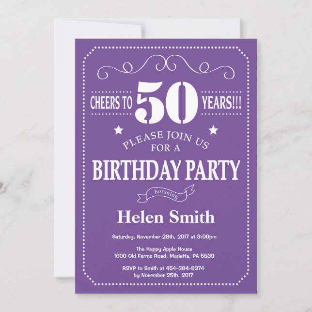 50th Birthday Invitation Purple and White (Front)
