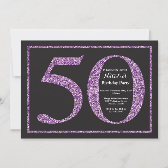 50th Birthday Invitation Purple Glitter Chalkboard (Front)