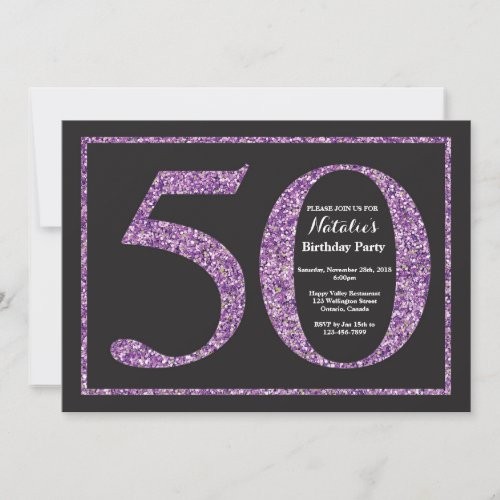 50th Birthday Invitation Purple Glitter Chalkboard