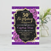 50th Birthday Invitation Purple Gold With Roses (Standing Front)