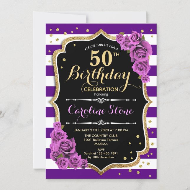 50th Birthday Invitation Purple Gold With Roses (Front)