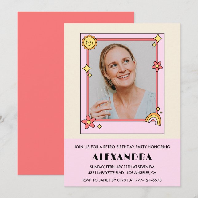 50th birthday invitation Retro Groovy Pink Flowers (Front/Back)