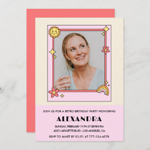 50th birthday invitation Retro Groovy Pink Flowers
