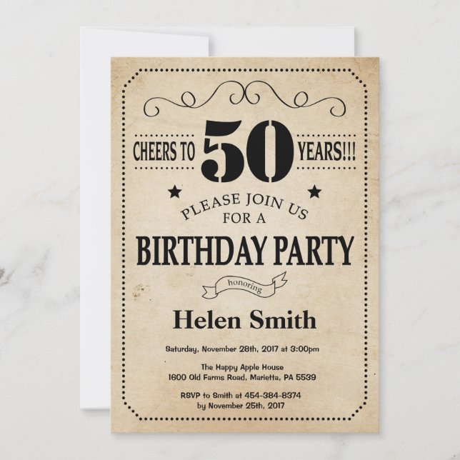 50th Birthday Invitation Rustic Vintage Retro (Front)