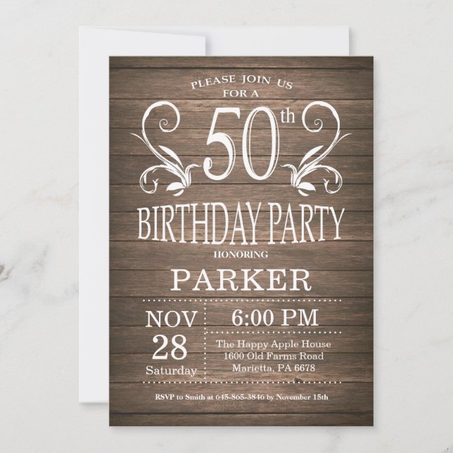 50th Birthday Invitation Rustic Wood Floral (Front)