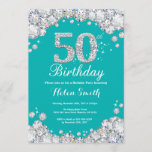 50th Birthday Invitation Teal and Silver Diamond<br><div class="desc">50th Birthday Invitation. Teal and Silver Rhinestone Diamond Teal Turquoise Aqua Background. Elegant Birthday Bash invite. Adult Birthday. Women Birthday. Men Birthday. For further customization,  please click the "Customize it" button and use our design tool to modify this template.</div>