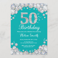 50th Birthday Invitation Teal and Silver Diamond