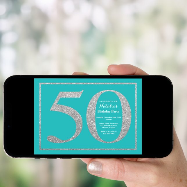 50th Birthday Invitation Teal and Silver Glitter (Front Digital)