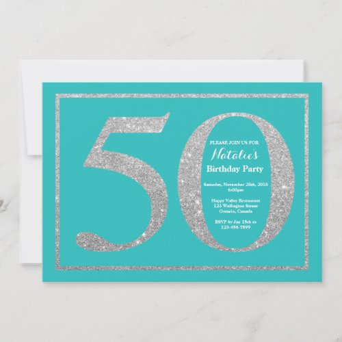 50th Birthday Invitation Teal and Silver Glitter