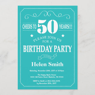 50th Birthday Invitation Teal and White