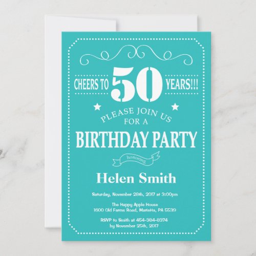 50th Birthday Invitation Teal and White