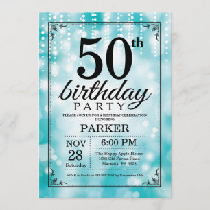 50th Birthday Invitation Teal Glitter