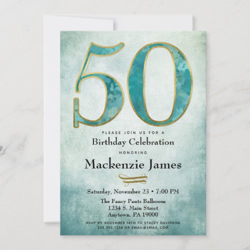 50th Birthday Invitation Turquoise Blue Gold Adult