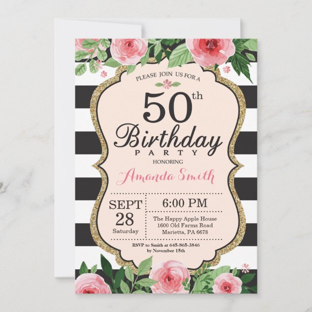 50th Birthday Invitation Women. Floral Gold Black (Front)