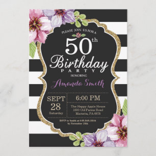 50th Birthday Invitation Women. Floral Gold Black