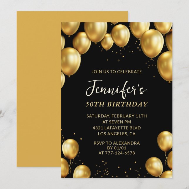 50th birthday invitations Balloons Gold Confetti (Front/Back)