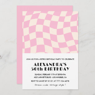 50th birthday invitations Checkered Retro Pink