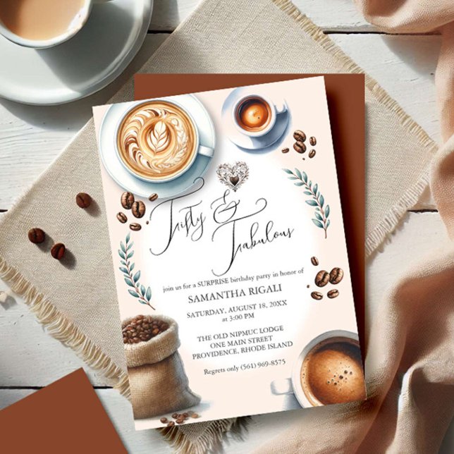 50th Birthday Invitations Coffee Themed (50th birthday party invitations watercolor illustrated coffee theme by Victoria Grigaliunas )