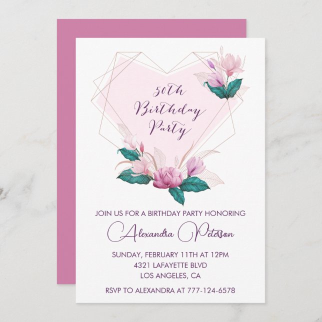 50th birthday invitations Elegant Boho pink (Front/Back)