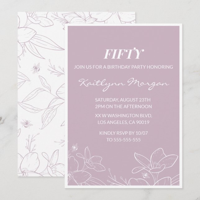 50th birthday invitations Elegant Modern Floral (Front/Back)
