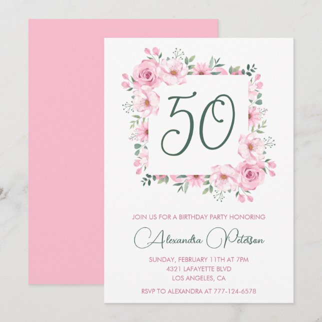 50th birthday invitations Floral Elegant Pink (Front/Back)
