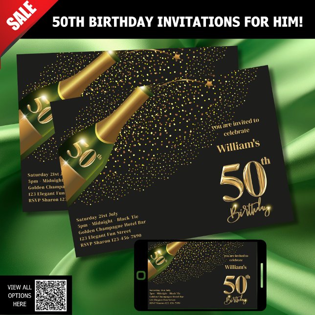 50TH BIRTHDAY INVITATIONS FOR HIM - CHAM[AGNE GOLD (Creator Uploaded)