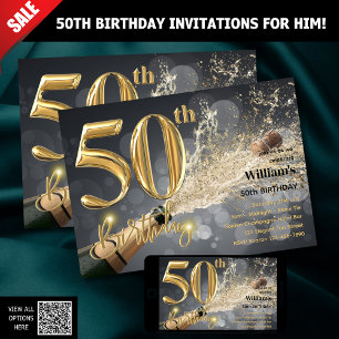 50TH BIRTHDAY INVITATIONS FOR HIM - GOLD CHAMPAGNE