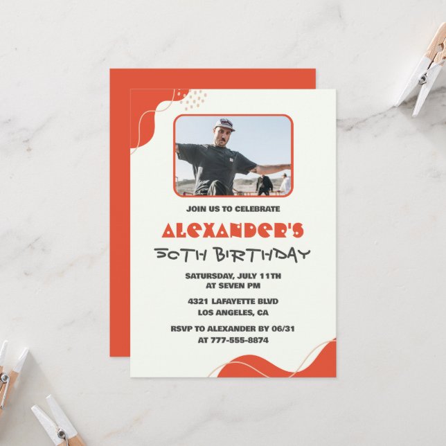 50th birthday invitations Men Red Simple Photo (Front/Back In Situ)