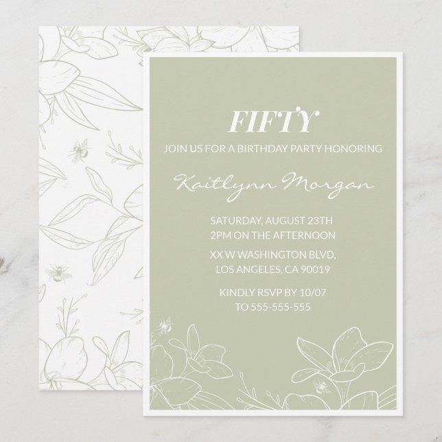 50th birthday invitations Modern Floral Elegant (Front/Back)