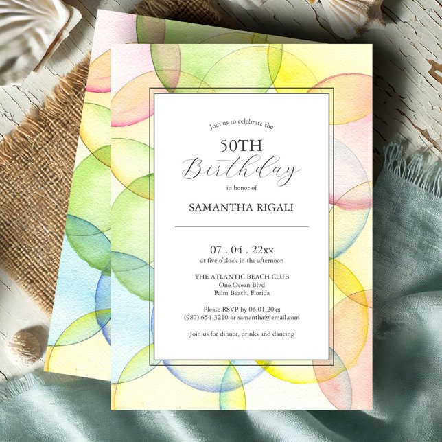 50th Birthday Invitations Multi Color (50th birthday invitations watercolor circles art by Victoria Grigaliunas of Do Tell A Belle)