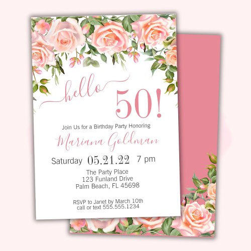 50th Birthday Invitations Pink Floral Modern Party