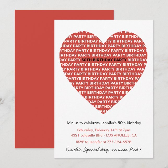 50th birthday invitations Typography Red Black (Front/Back)