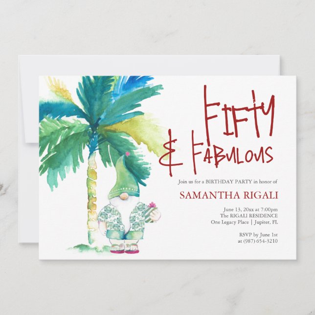 50th Birthday Invitations Watercolor Palm Tree (Front)