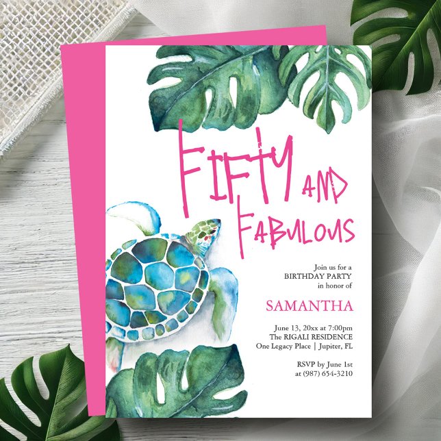50th Birthday Invitations Watercolor Sea Turtle (Fiftieth birthday invitations watercolor sea turtle and palm leaf art by Victoria Grigaliunas )