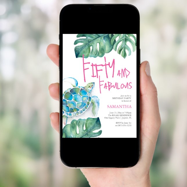 50th Birthday Invitations Watercolor Sea Turtle (Front Digital)