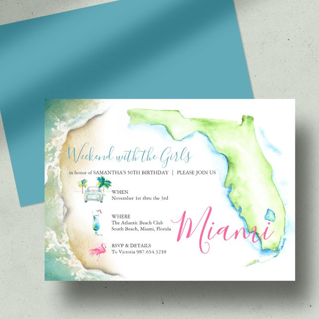 50th Birthday Invites to South Florida (50th Birthday Girls Trip Watercolor Illustrated Invitation)