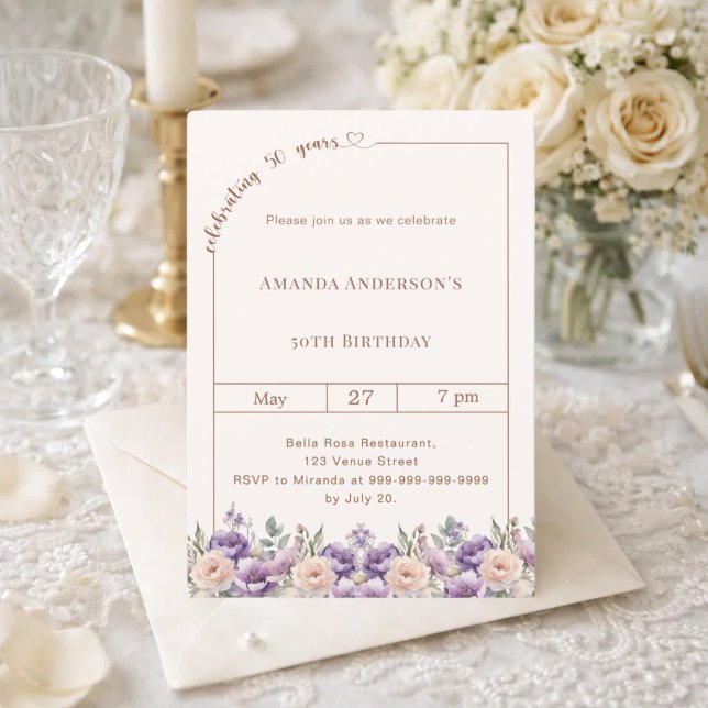 50th birthday ivory lavender florals  invitation (Creator Uploaded)