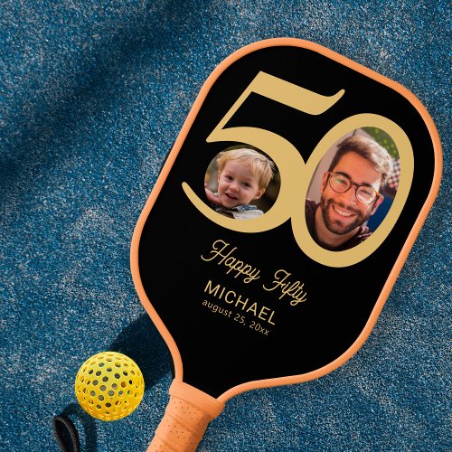 50th birthday keepsake black gold 2 photos name pickleball paddle