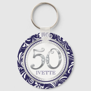 50th Birthday Key Chain-Navy Blue & Silver Keychain