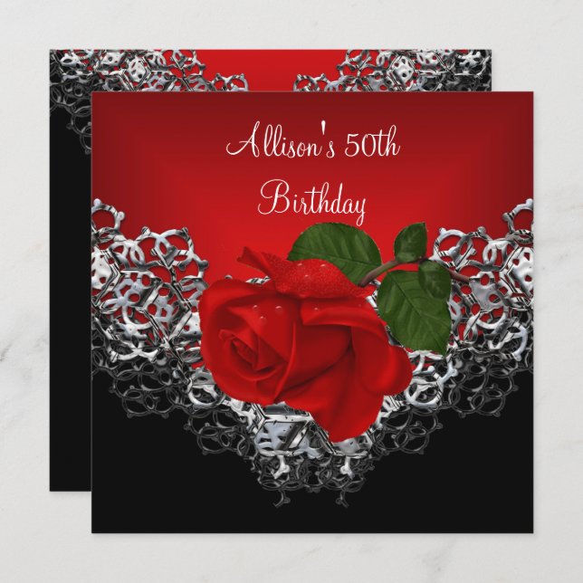 50th Birthday Lace Black Silver Deep RED Rose Invitation (Front/Back)